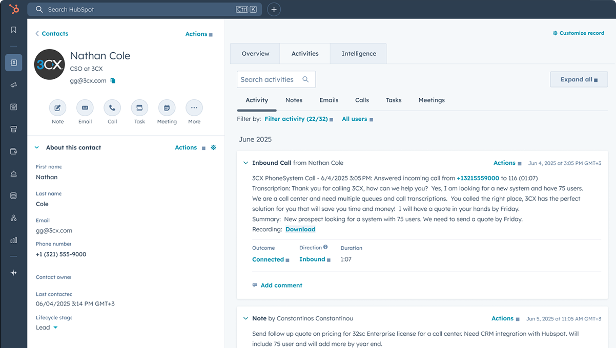 Integração do 3CX com o CRM - transcrição do HubSpot