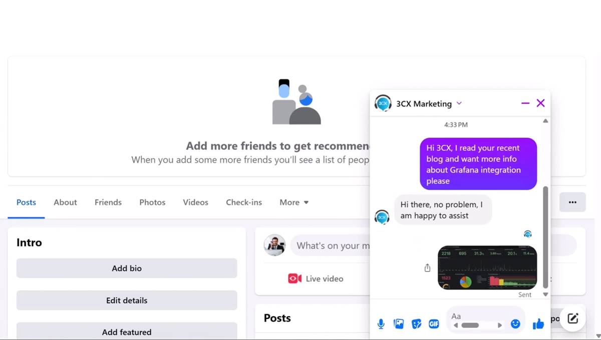 Anexo do chat da página do 3CX no Facebook