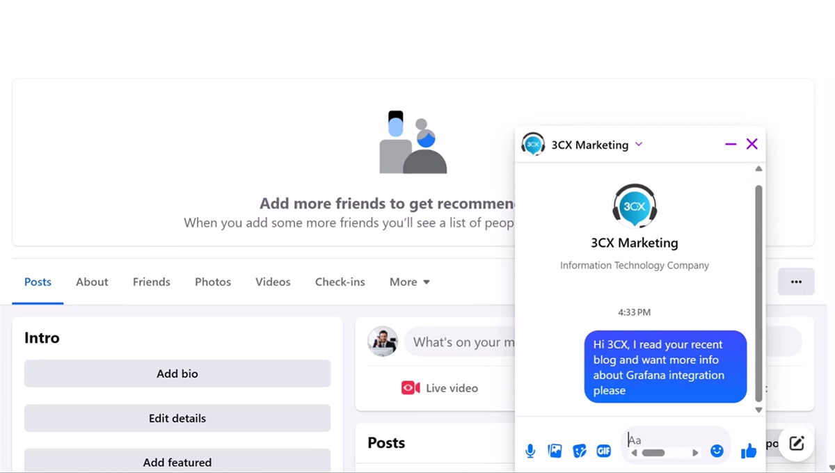 Chat da página do 3CX no Facebook