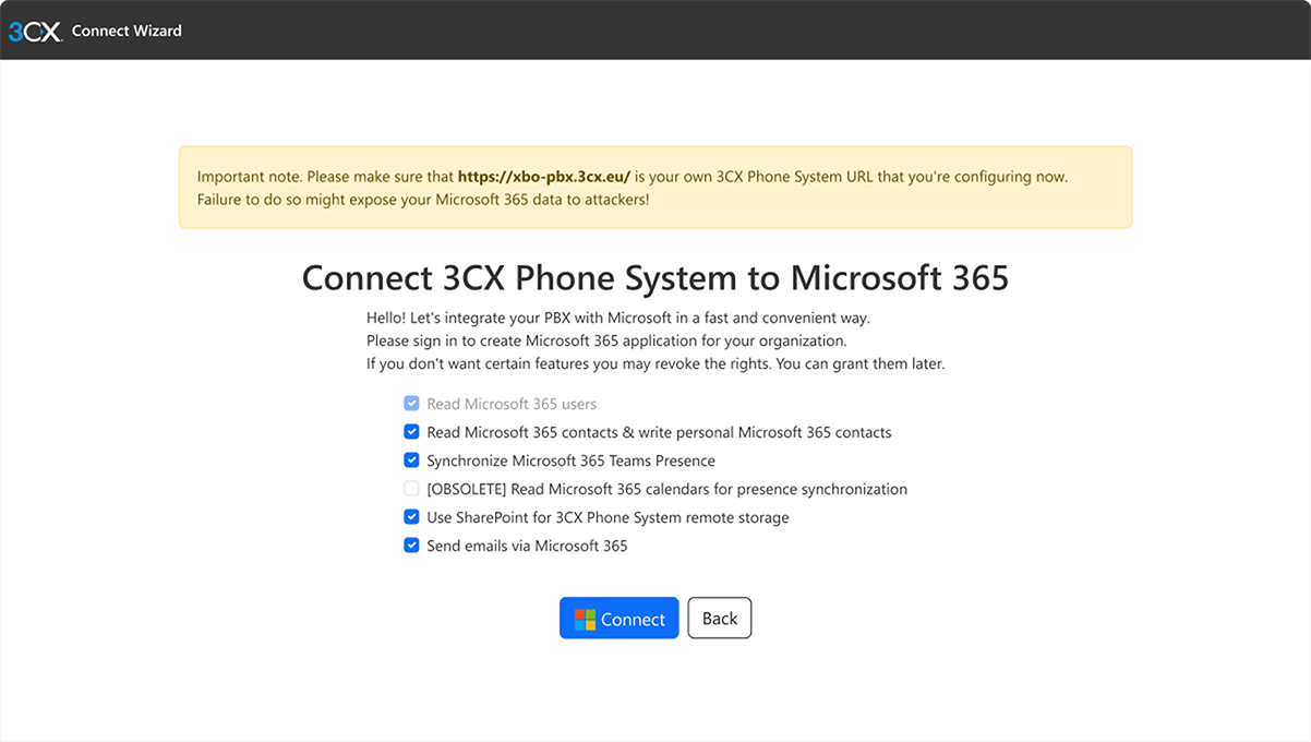Assistente de Conexão para integração do 3CX com o Microsoft 365