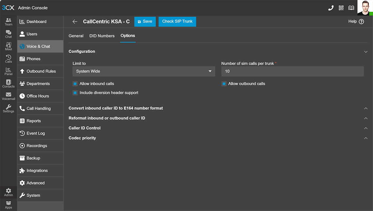 3CX sip trunk - callcentric options