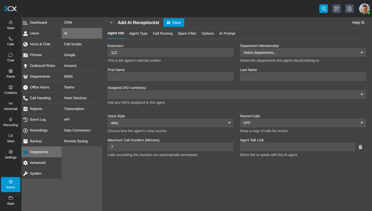 Recepcionista IA 3CX - Adicionar agente de IA