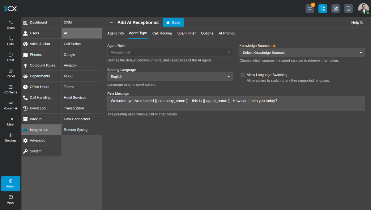 Recepcionista IA 3CX - Adicionar agente de IA