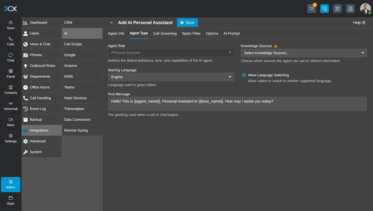 Recepcionista IA 3CX - Adicionar agente de IA