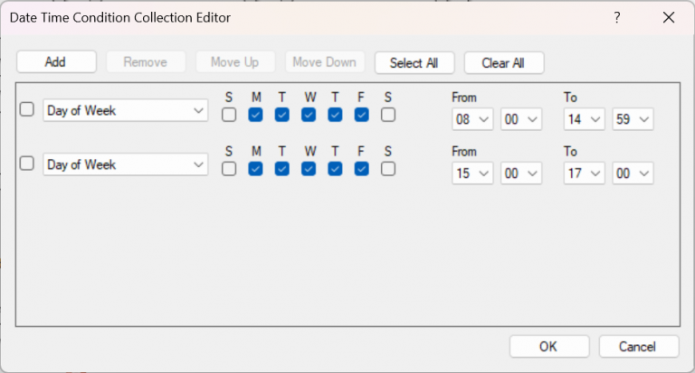 Editor de Condições de Coleta de Data e Hora