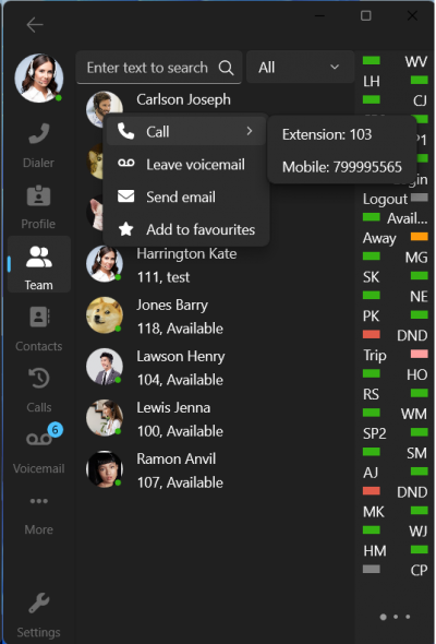 Menu de contexto da equipe do 3CX no Windows Softphone Beta 4 Menu de contexto da equipe do 3CX no Windows Softphone Beta 4