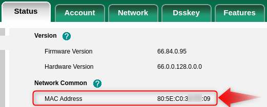 Endereço Mac: Pela interface do usuário do telefone, ao acessar o Endereço IP do aparelho Endereço Mac: Pela interface do usuário do telefone, ao acessar o Endereço IP do aparelho