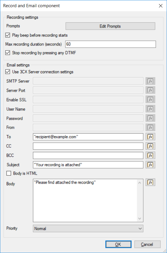 O novo componente Gravação e E-mail no Call Flow Designer 3CX