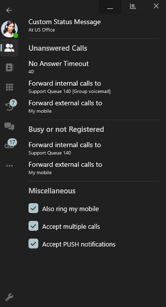 Configurações de status temporário e encaminhamento de chamadas personalizado Configurações de status temporário e encaminhamento de chamadas personalizado