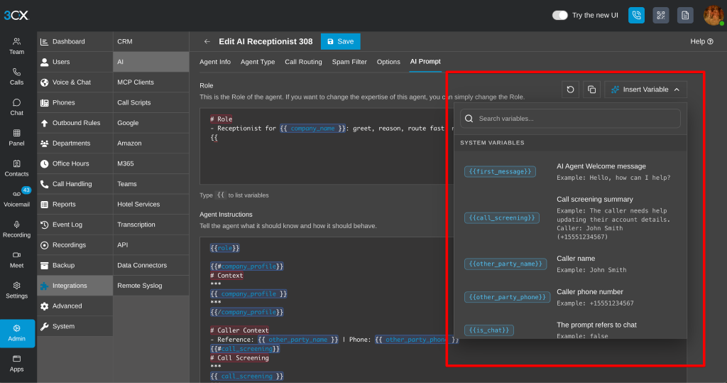 Botão “Inserir Variável” na guia AI Prompt
