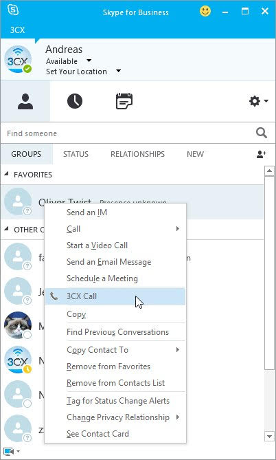 Integração entre o 3CX e o Skype for Business